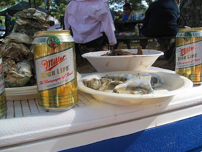 beer cans and oyster shells
