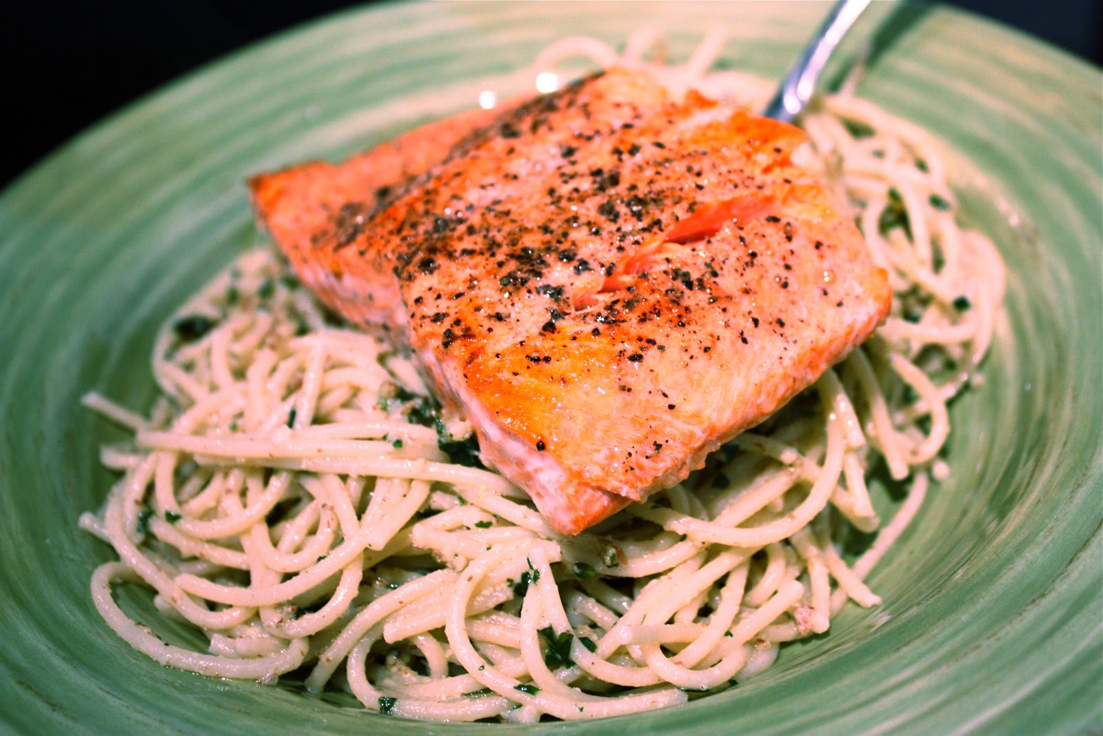 Have Her Over For Dinner Pan Seared Salmon with Whole Grain Spaghetti