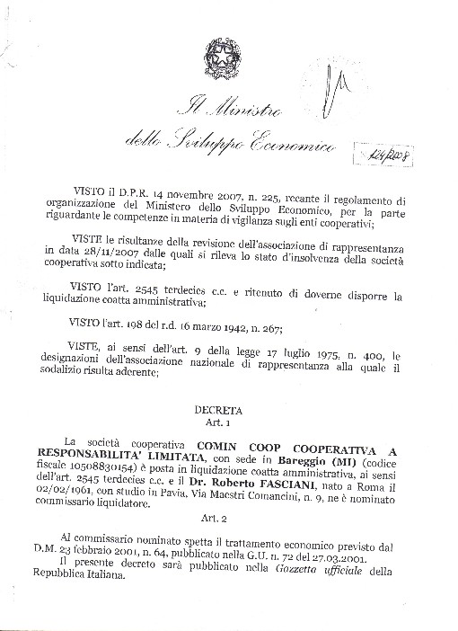 Decreto nomina Roberto Fasciani<br>commissario liquidatore della COMIN COOP