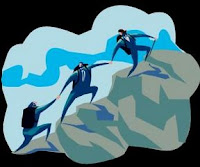 helping each other up a mountain