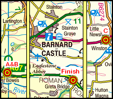 Map of the Bowes to Greta Bridge area