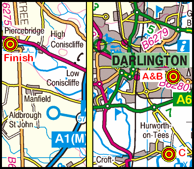 Map of the Darlington-Piercebridge area