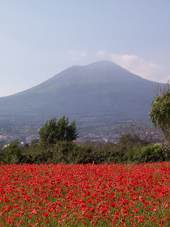 Mount Vesuvius Pompeii, Italy and poppy field