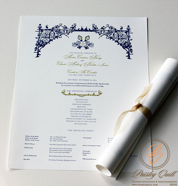 Wedding programs were printed on soft cotton paper then rolled and tied 