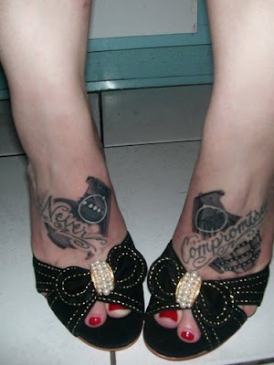 Here is a picture of Nicole Ritche's foot tattoo. She has gone for a rosary