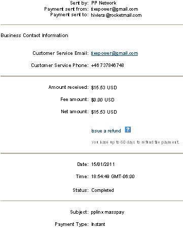 2nd Payment 1/15/2011 $15.53 from PPlinx
