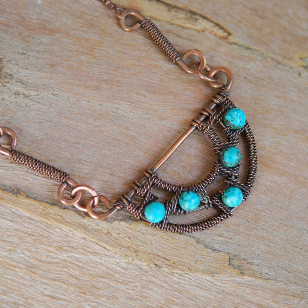 NeroliHandmade Half Circle Oxidized Copper and Turquoise Necklace