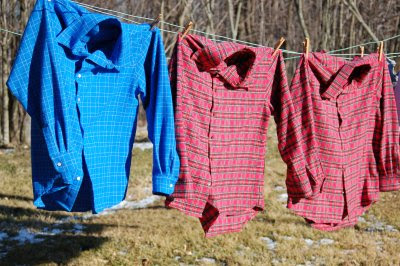 Three new flannel shirts on the clothesline