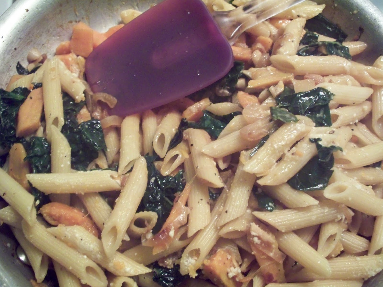 The Purple Cook Pasta with Kale, Caramelized Onions, and Sweet Potatoes
