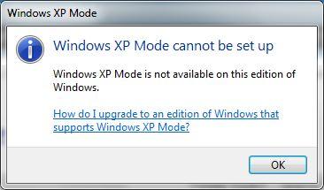 Windows XP Mode cannot be set