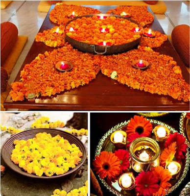 Styling idea Flowers and diya tea lights in brass or terracotta thaals 