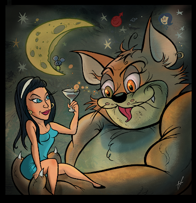 Giant cat & pretty girl cartoon