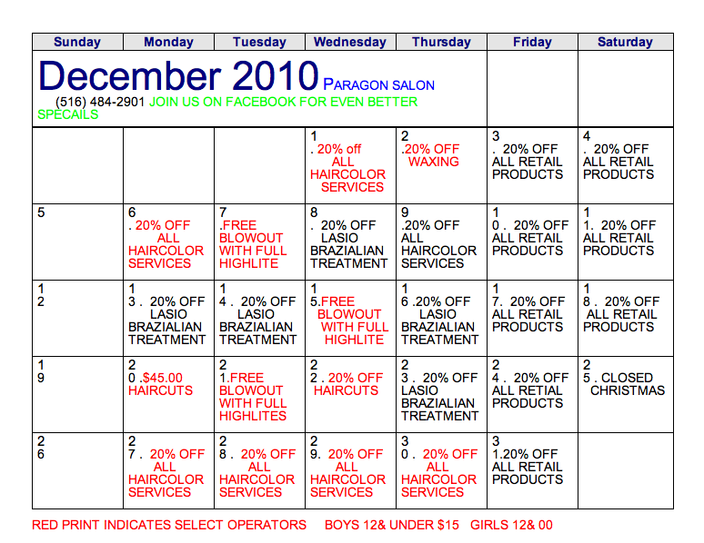 Paragon Hair Salon December calendar of events and specials!