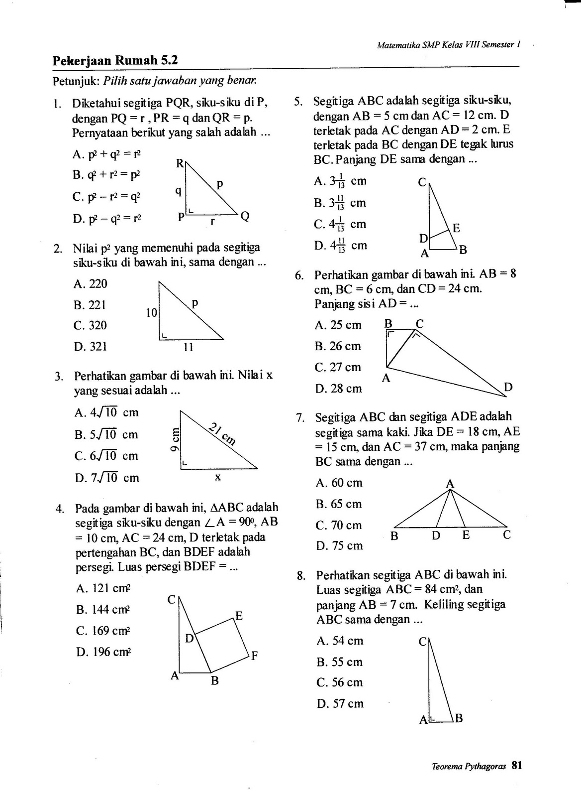 mathematicc Latihan Soal Pythagoras Kelas 8