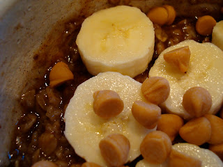 Close up of banana and butterscotch chip topped oatmeal