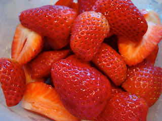 Overhead of sliced strawberries