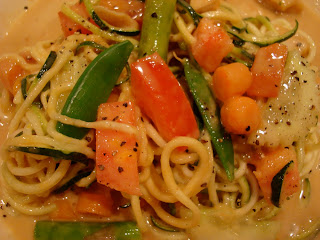 Zucchini Noodles, vegetables tossed in Vegan Soy-Free Peanut Sauce