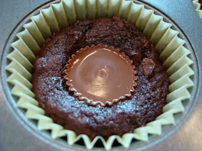 Peanut Butter Cup Brownie Cupcakes in muffin tin