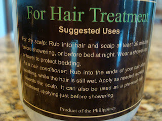 Coconut oil For Hair Treatment Suggested Uses label 