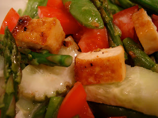 Sesame Ginger Maple Tofu chipped up on top of salad