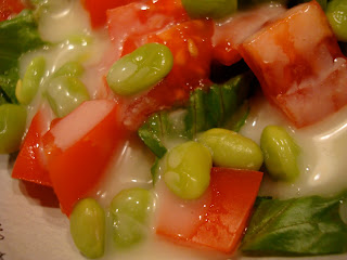Close up of Edamame Salad with vegan slaw dressing