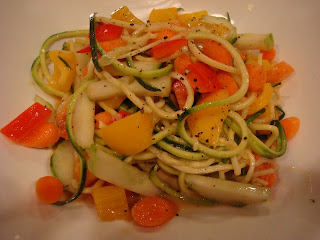 Overhead of Zucchini Noodles, Vegetables and Peanut Sauce