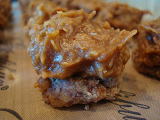 Close up of one Vegan (Almost Raw) Girl Scout Samoas Cookie
