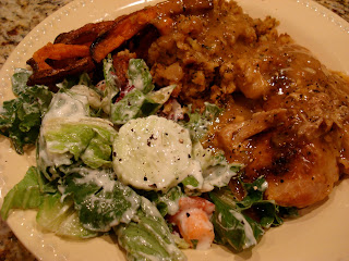 Turkey & Gravy, a Garden Veggie Salad with Ranch, and Sweet & White potatoes