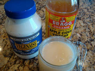 Vegan Slaw Dressing ingredients with dressing in glass jar