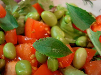 Close up of Edamame Salad with stevia leaves