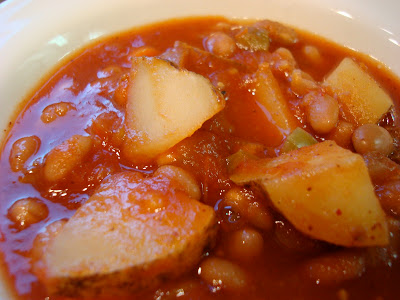 Hearty Vegan Southwestern Sweet & Spicy Soup showing chunks of potatoes