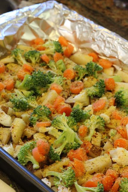 Close up of vegetables in baking pan