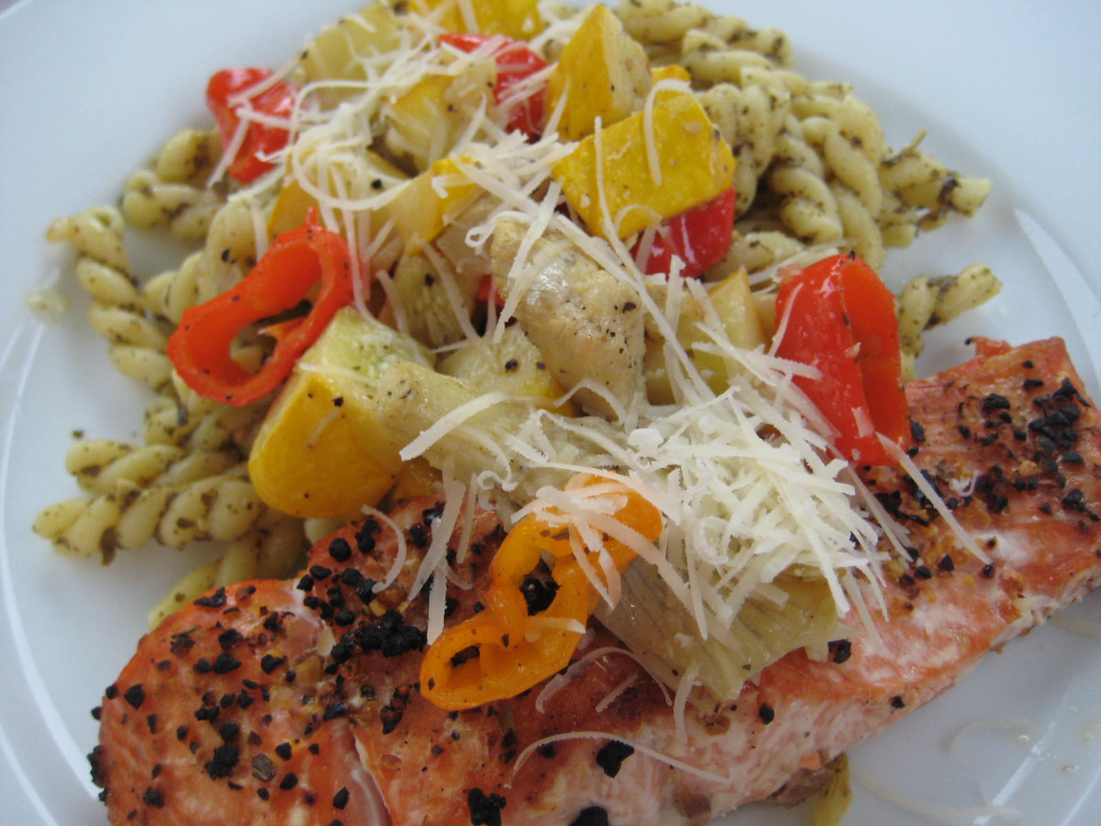 Dinner with the Welches Grilled Salmon with Pesto Pasta and Veggies