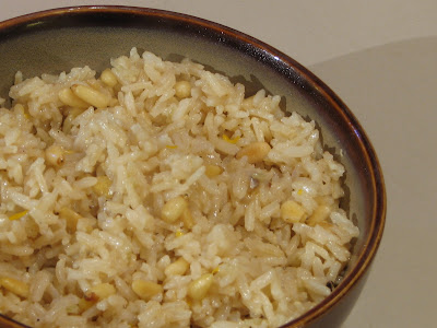 Brown Rice with Toasted Pine Nuts, Carmelized Shallots and Lemon Zest