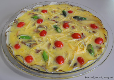 Mushroom, Asparagus, Bacon, and Tomato Quiche with a Potato Crust