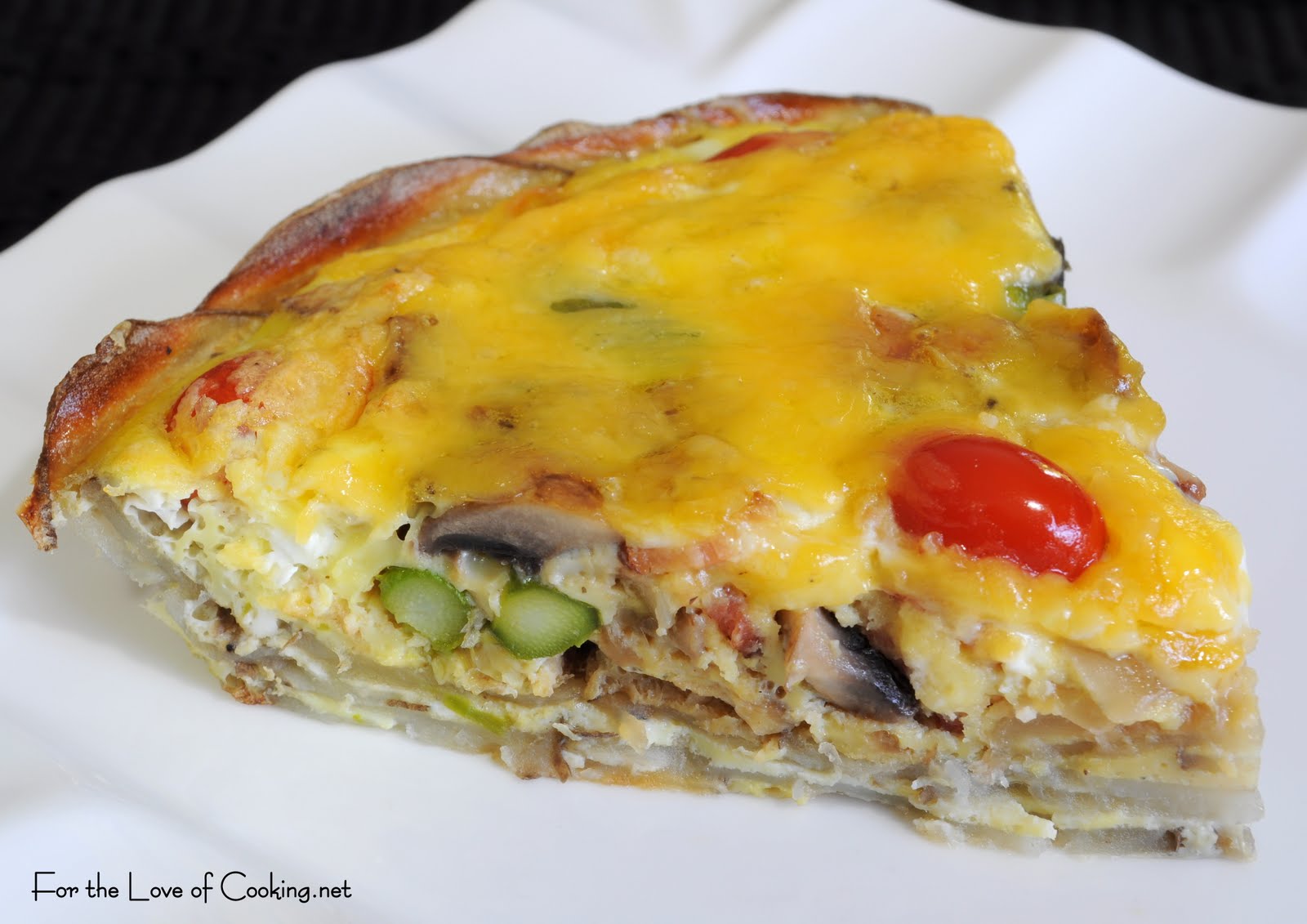 Mushroom, Asparagus, Bacon, and Tomato Quiche with a Potato Crust For