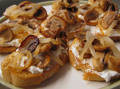 Caramelized Onion and Mushroom Crostini with Feta and Roasted Garlic Cheese Spread