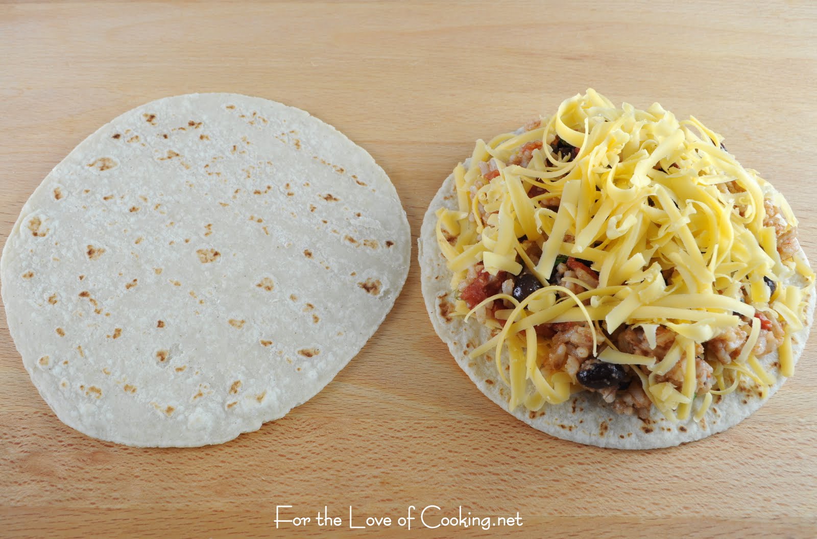 Mexican Tomato Rice and Bean Quesadilla with Sharp Cheddar and Sour