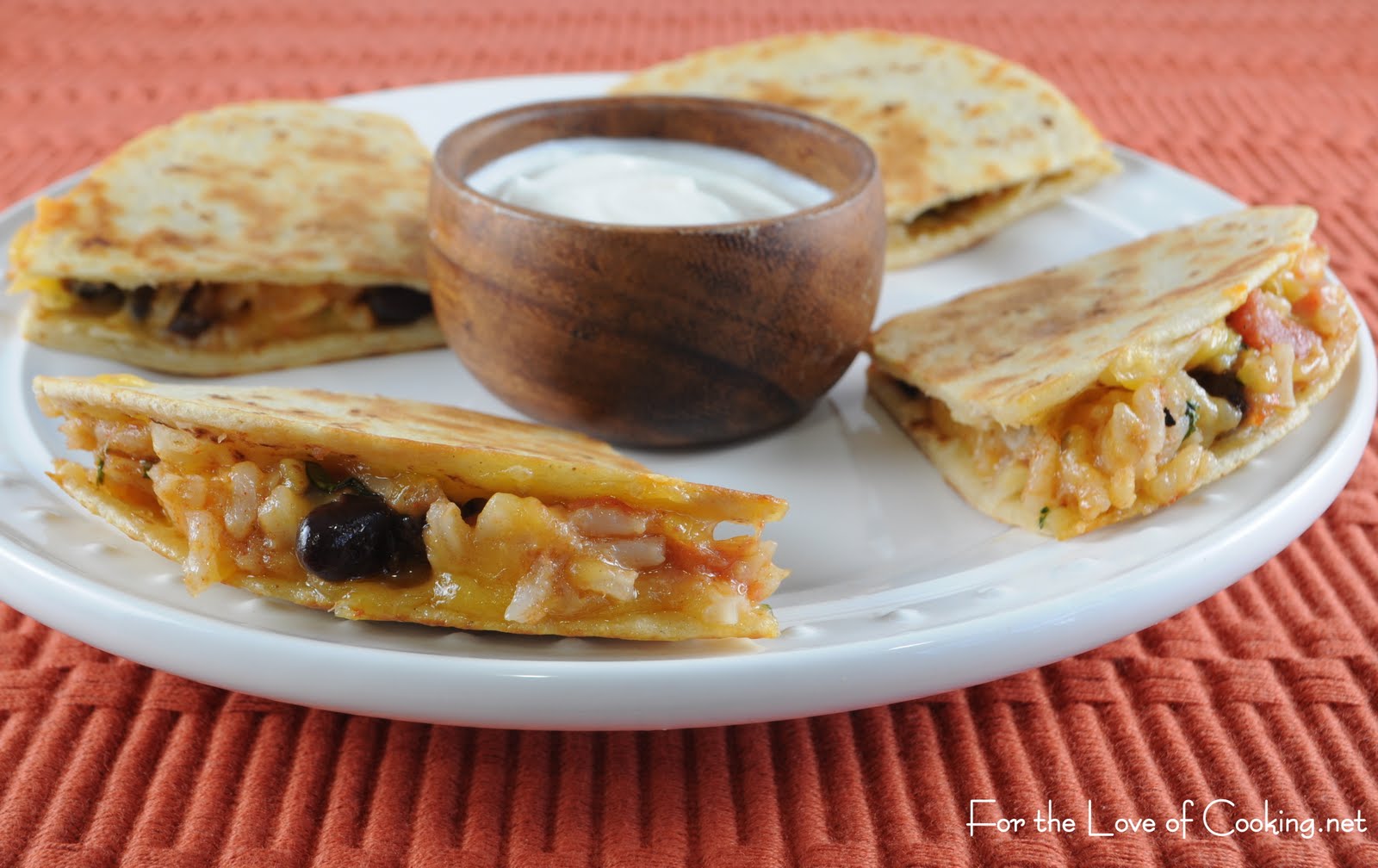 Mexican Tomato Rice and Bean Quesadilla with Sharp Cheddar and Sour