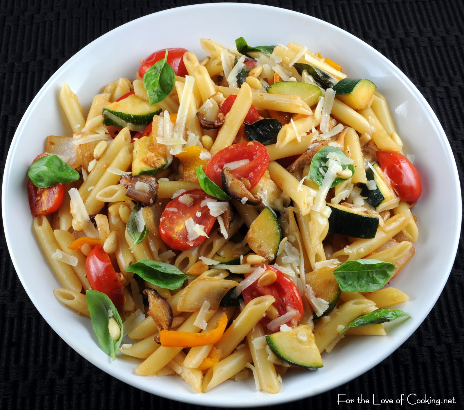 Penne with Mixed Vegetables, Parmesan Cheese, and Pine Nuts For the