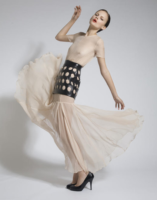 Nude Chiffon Dress with Leather Skirt