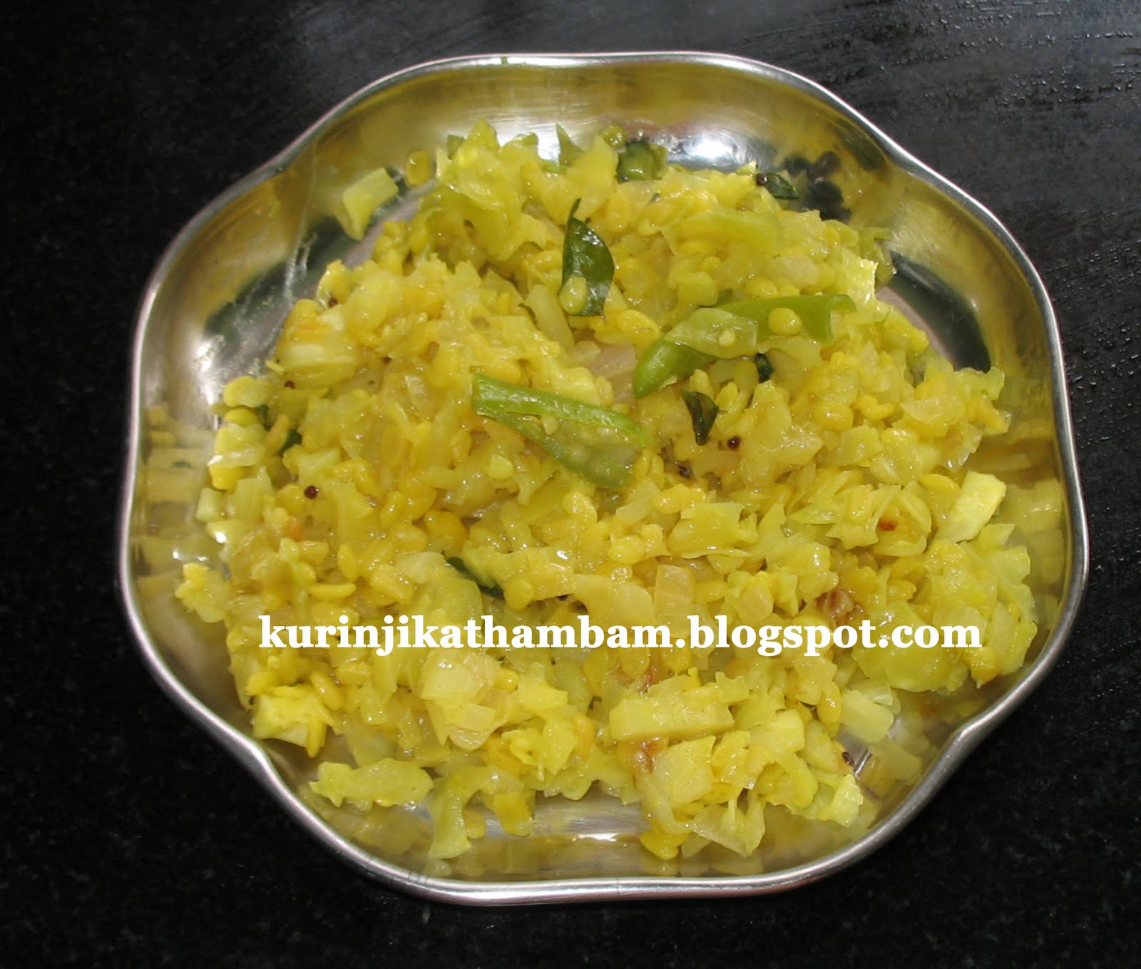 Cabbage Kootu with Split Green Gram (Moong Dal) Kurinji Kathambam