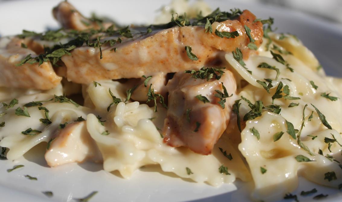 Chicken with Bow Tie Pasta and Creamy Parmesan Sauce What's Cookin