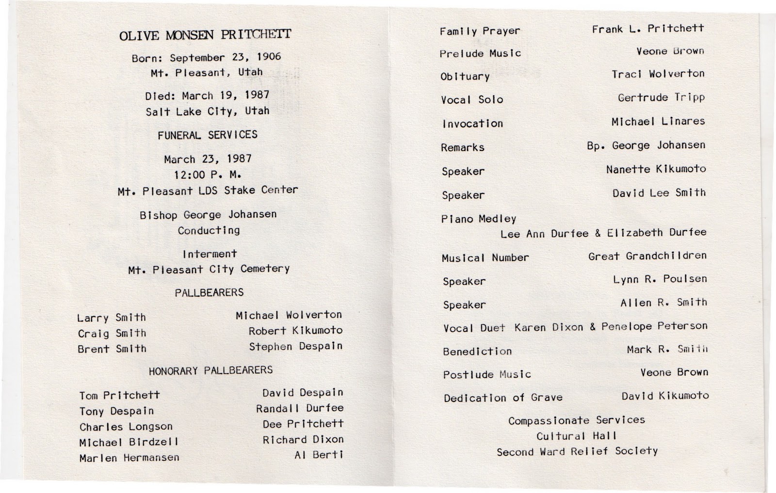 mt pleasant obituary page olive monsen pritchett funeral program funeral mass program
