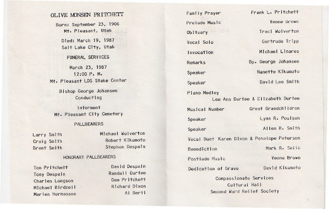 mt pleasant obituary page olive monsen pritchett funeral program