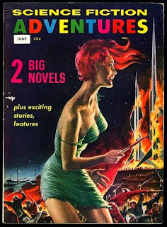 A woman with flowing red hair and a ripped green dress that barely covers hair, holds a knife, watching rocket ships burn, an angry look on her face