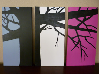 "Black Tree" Blue, White, Pink. Each canvas is 12"x24"