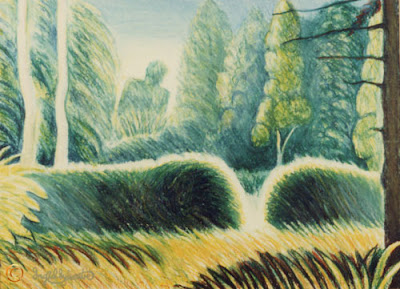 Strange Tree Circular Garden Poole Wood Grey Towers Nunthorpe painting in oil pastel by Ingrid Sylvestre North East artist Durham artists UK Strange Tree Circular Garden Poole Wood Grey Towers Nunthorpe painting in oil pastel by Ingrid Sylvestre North East artist Durham artists UK