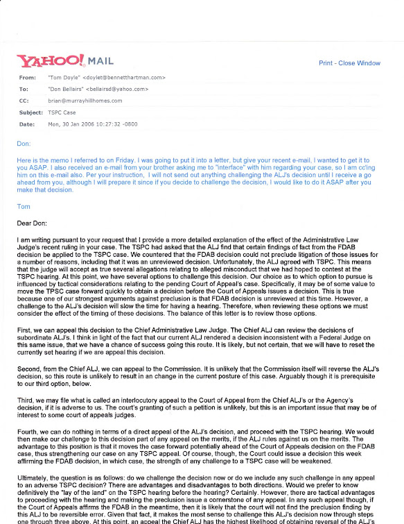 January 2006 email from Doyle explaining "first of its kind" ruling against teacher