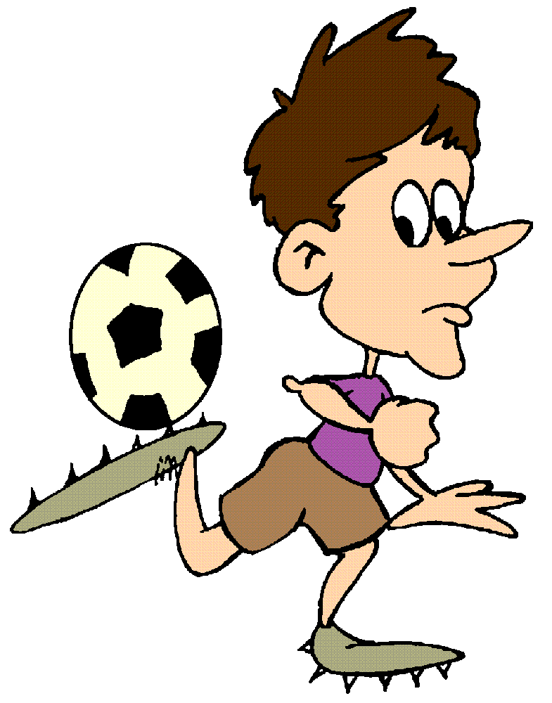 A stick figure girl soccer player jumps high to bounce the ball off her head